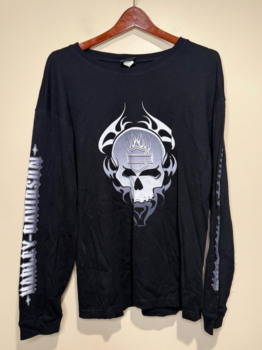Harley Davidson Y2K Black Skull Flames Thermal L/S Tee Deadstock Made in USA